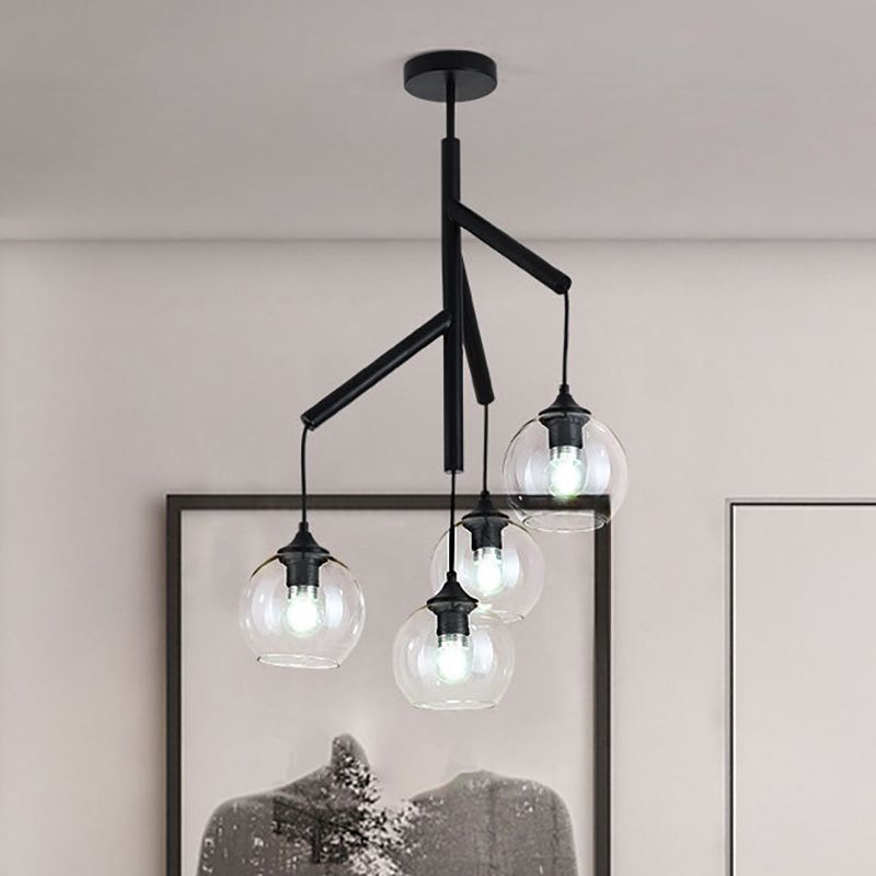 Metal Branch Chandelier Lamp Contemporary 4 Lights Black Hanging Pendant Light with Clear Glass Round Shade