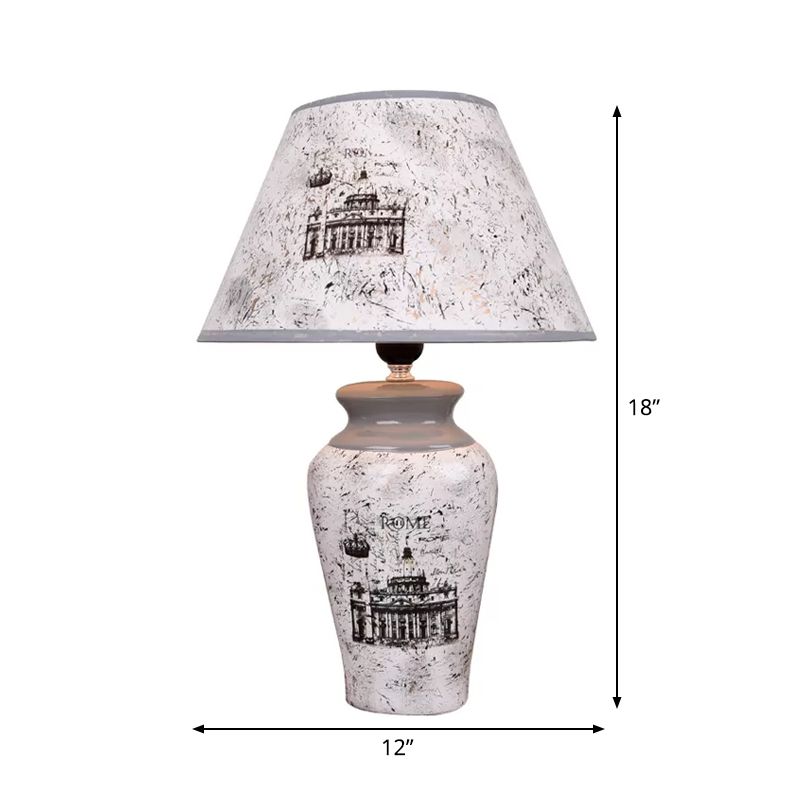 Grey Vase Nightstand Light Simplicity 1-Bulb Porcelain Desk Lamp with Conic Paper Shade