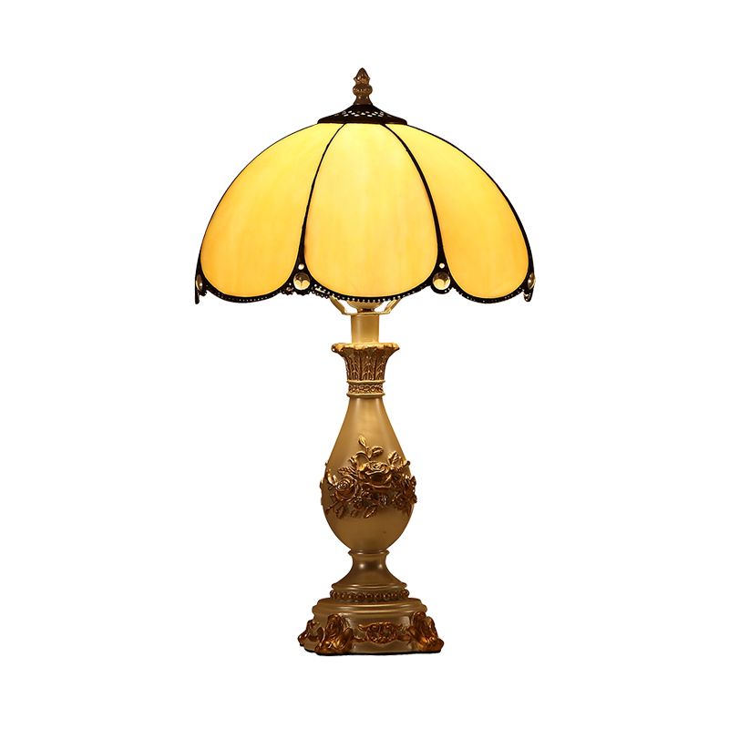 Classic Petals Nightstand Light Single-Bulb Beige Glass Table Lamp with Carved Vase Base