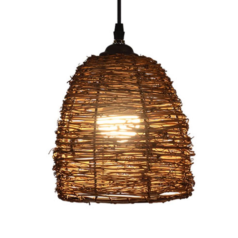 Conic Hanging Lamp Contemporary Style Rattan 1 Head Beige/Brown Suspension Light for Dining Room