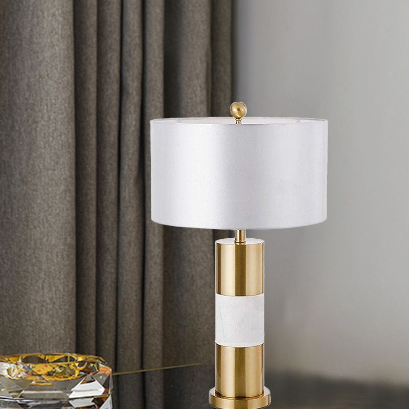 White Column Metal Table Lamp Minimalism 1-Light Fabric Nightstand Lighting for Bedroom