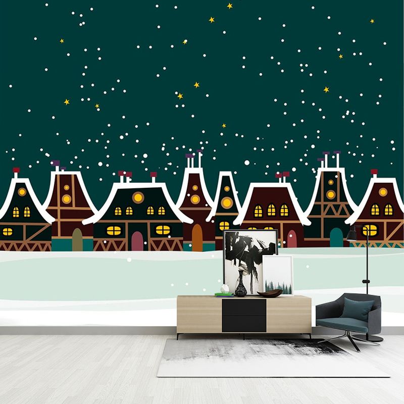 Illustration Winter House Mural Wallpaper Full Size Wall Covering for Kids Bedroom, Custom Print