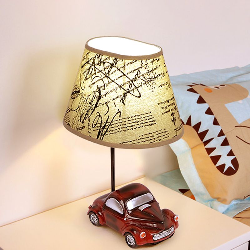 Barrel Night Table Lamp Kids Fabric 1-Light Bedroom Nightstand Light in Beige with Car Base