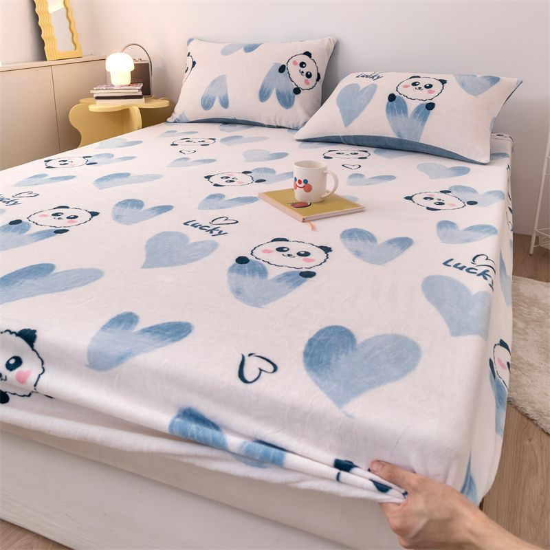 Flannel Bed Sheet Set Modern Cartoon Print Fitted Sheet for Bedroom