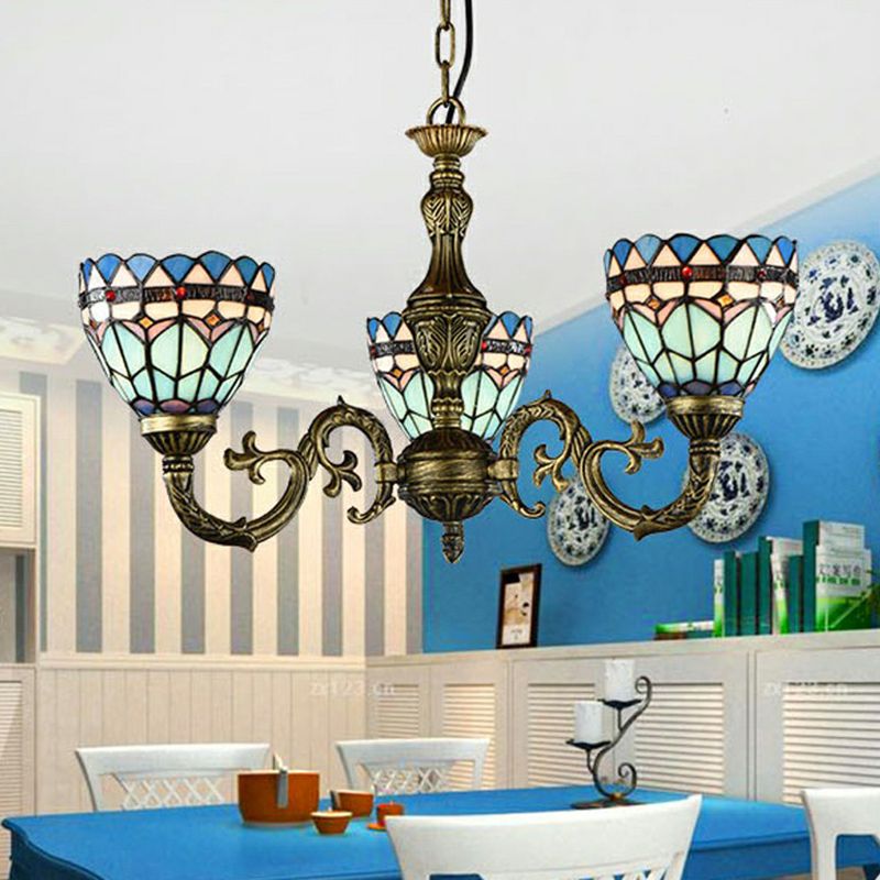 Bronze Finish Chandelier Classic Handcrafted Stained Glass Bell Ceiling Light for Dining Room