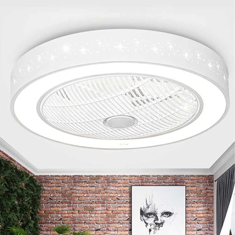 White Drum Shaped Fan Lamp Nordic LED Metal Semi Flush Light Fixture for Bedroom