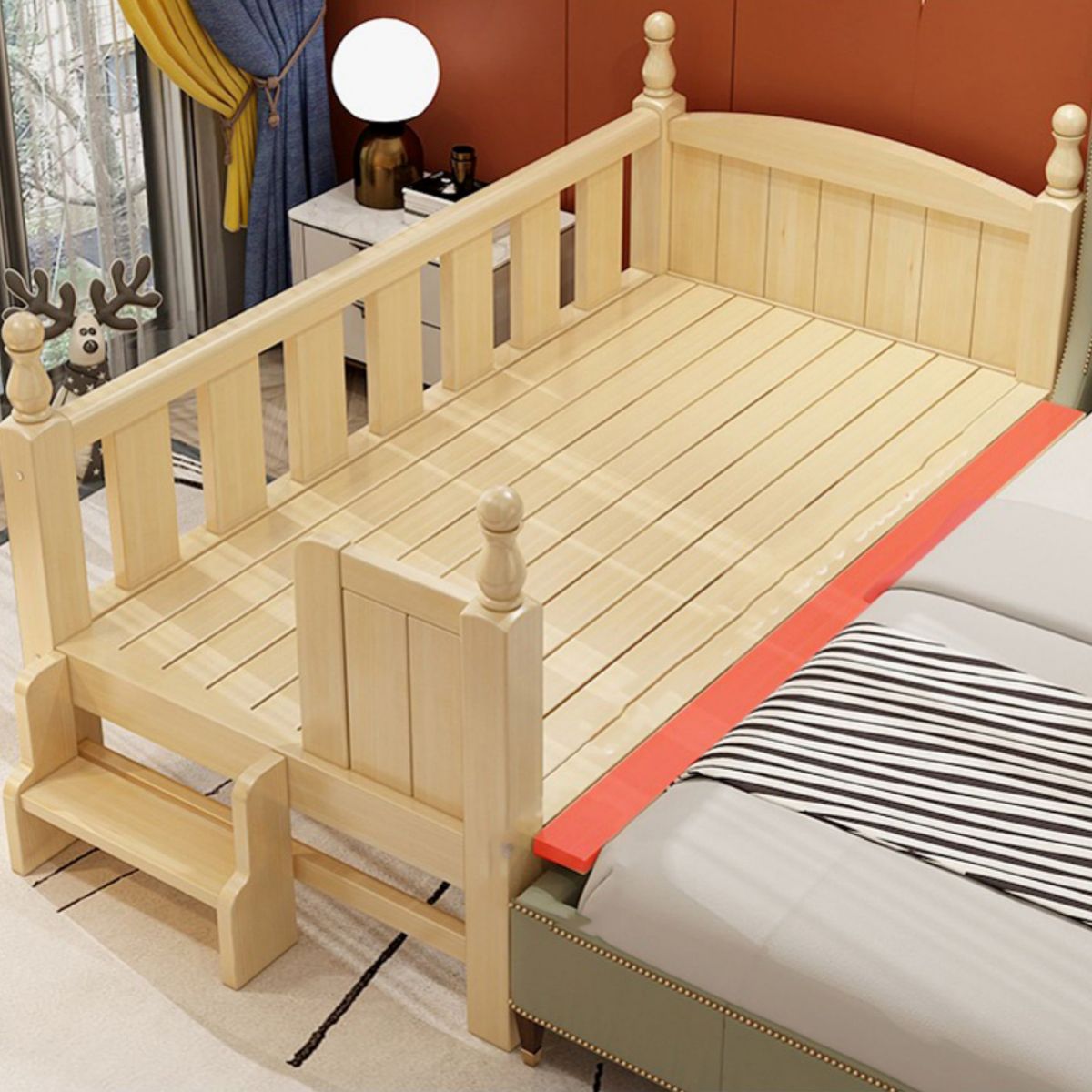 Contemporary Washed Natural Nursery Bed Solid Wood with Guardrail