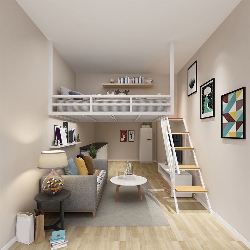 Scandinavian Metal Loft Bed White/Black Built-In Ladder Kids Bed