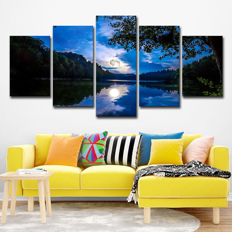 Rustic Night Scenery Wall Art Blue Lake Reflection of Moon and Forest Canvas Print