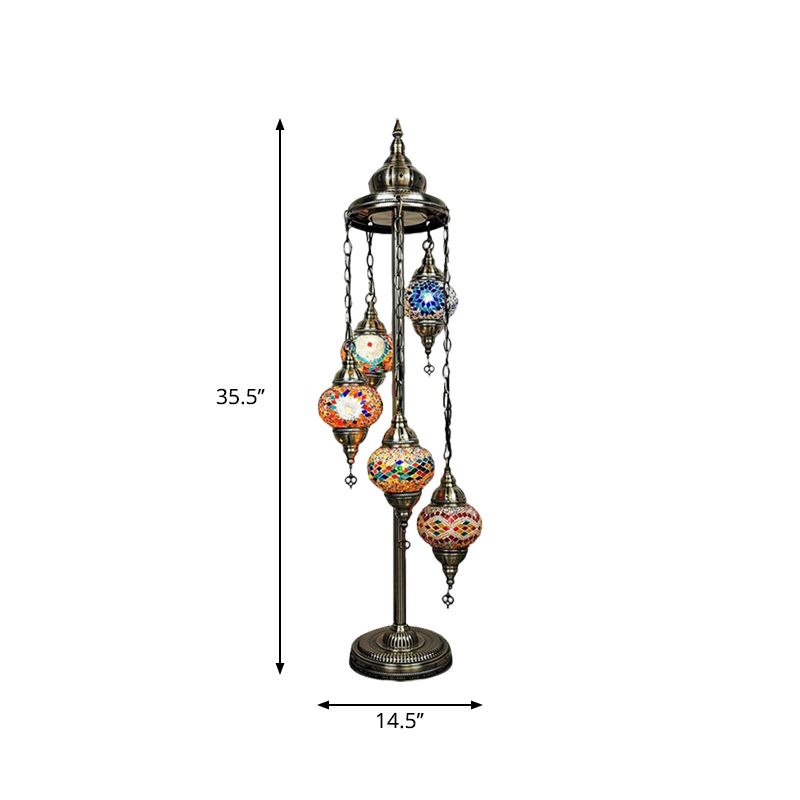 5 Heads Stained Art Glass Floor Light Traditional Beige/Red/Yellow Elliptical Bedroom Standing Lamp