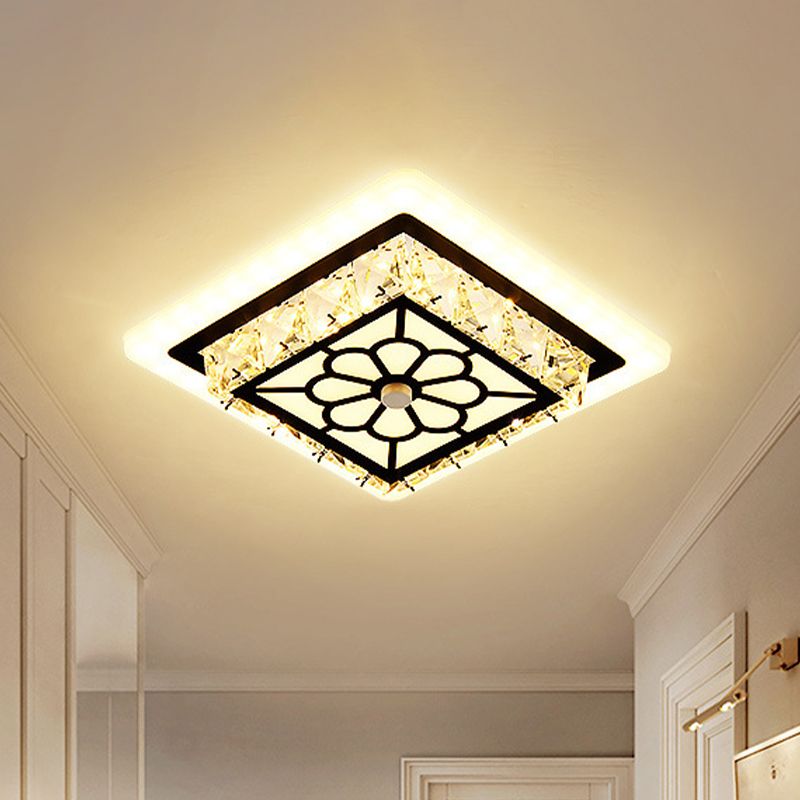 Beveled Crystal LED Ceiling Light Modern Black Floral Pattern Round/Square Corridor Flushmount Lamp