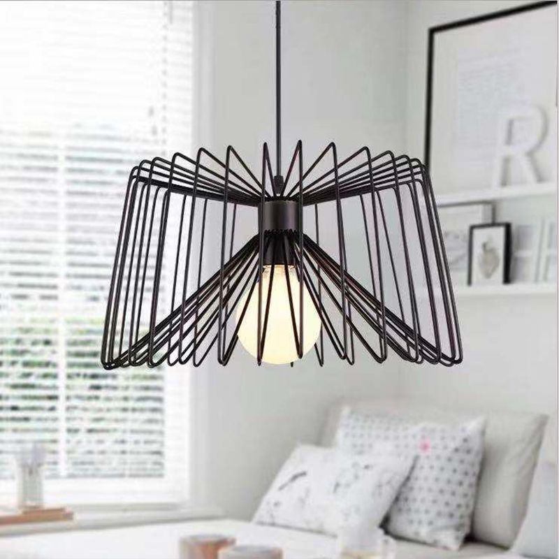 1 Bulb Hanging Lamp with Metal Cage Shade Retro Industrial Living Room Pendant Ceiling Light in Black