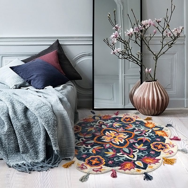 Traditional Floral Printed Rug Multi-Color Lamb Wool Area Carpet Pet Friendly Machine Washable Indoor Rug with Tassel for Room