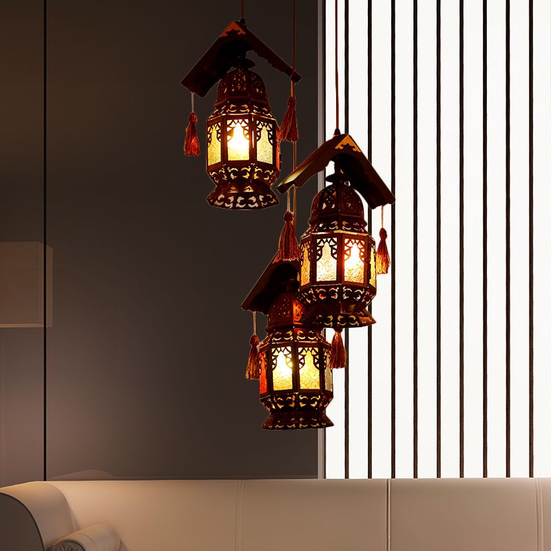 Lantaarn metalen kroonluchter lamp Decoratief 3 hoofden woonkamer hangende verlichtingsarmatuur in brons met houten dak