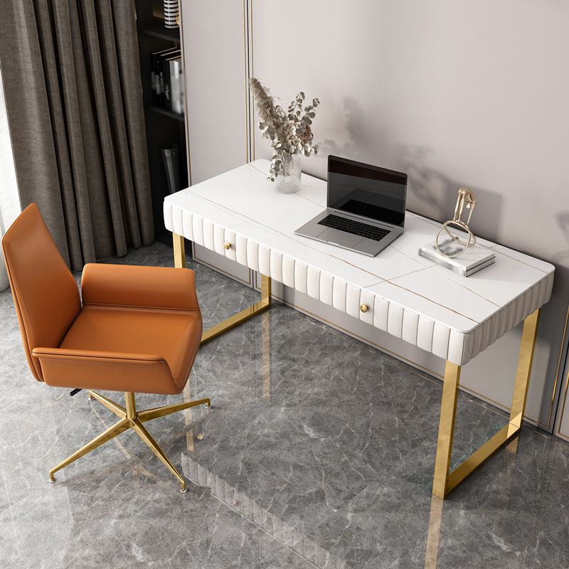 Glam Style Stone Writing Desk Curved Sled Base Office Desk with 2 Drawers