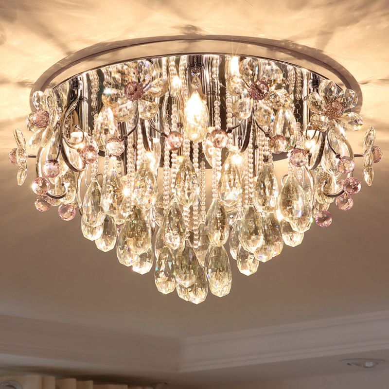 Crystal Teardrops Ceiling Mount Light Modern Chrome Finish Flush Light Fixture for Bedroom