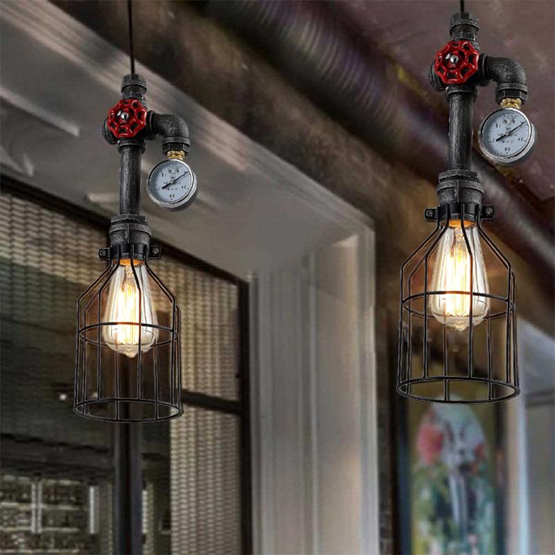 Industrial Wire Guard Hanging Light 1 Head Iron Hanging Lamp with Gauge and Valve in Black Finish