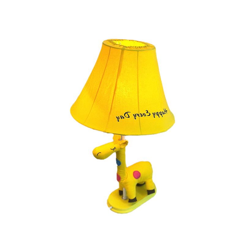 Flared Script-Print Fabric Table Lighting Kids Single-Bulb Yellow/Blue/Pink Night Lamp with Giraffe Base