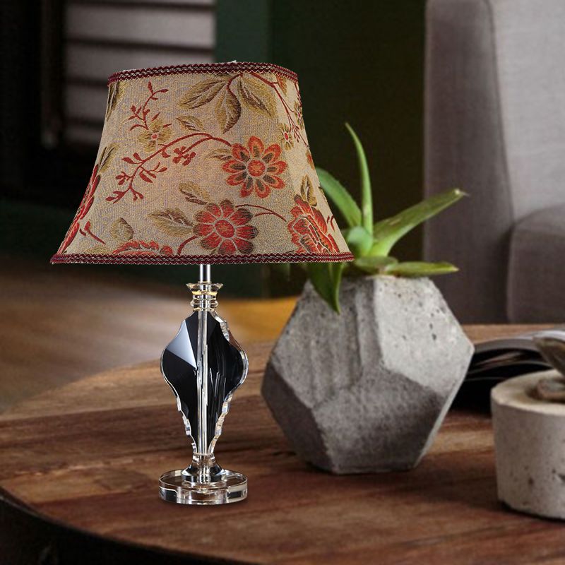 1 Light Fabric Night Light Rural Style Beige Blossom Living Room Table Lamp with Crystal Base