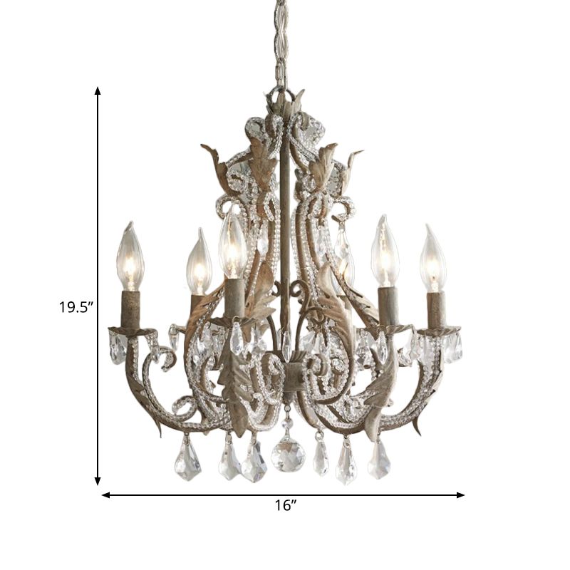 Chandelier de bougie country français 6 lumières Crystal enveloppé de lumière suspendue dans un gris antiquité