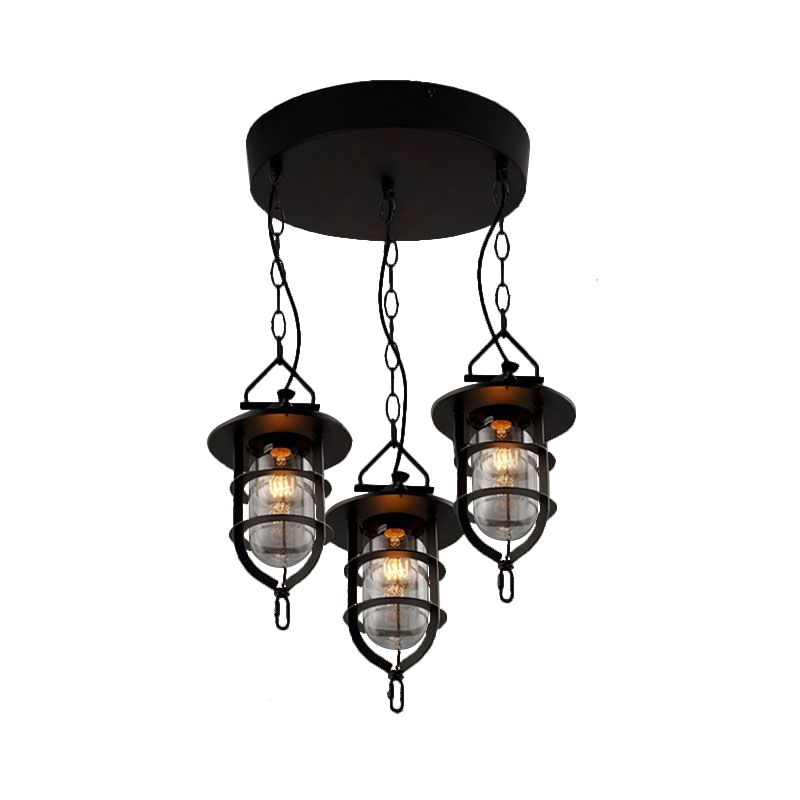 Geklaagd Clear Glass Multi Pendant Vintage 3-Light woonkamer Hangende lamp in het zwart met ronde luifel