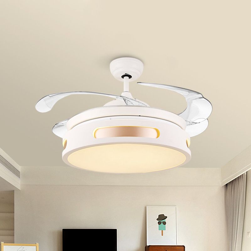 16" Wide Acrylic Drum Semi Flush Light Fixture Modernist LED White Ceiling Fan Lamp with 4 Blades