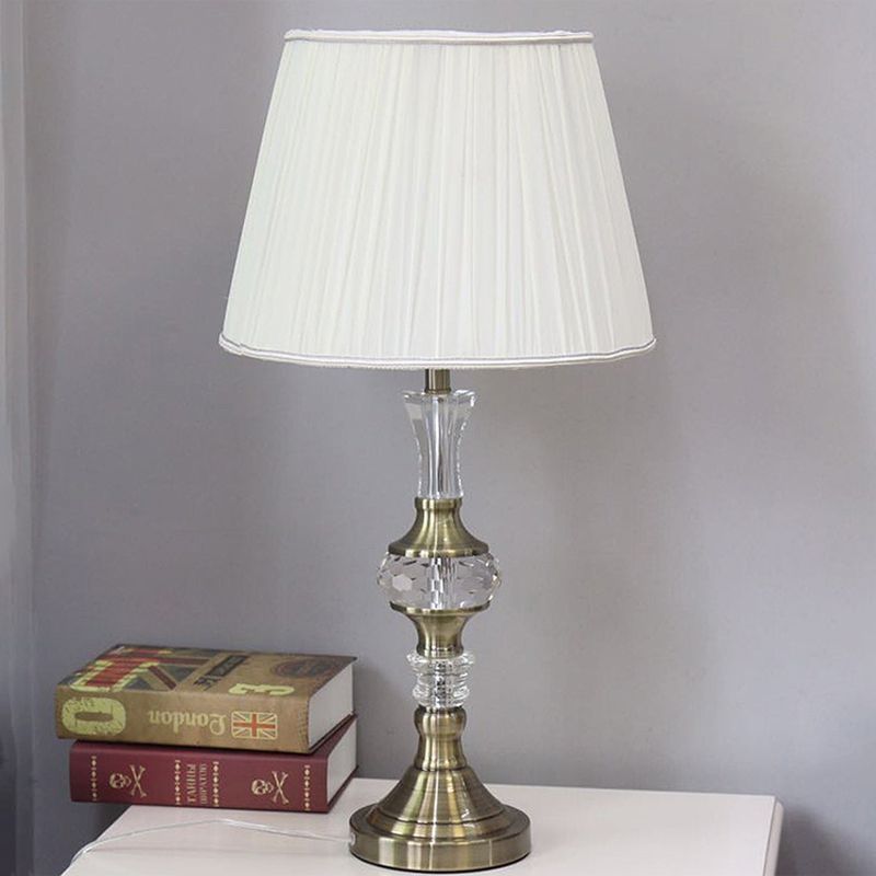 Single Bulb Night Light Simple Tapered Fabric Table Lamp in White for Dining Room with Crystal Deco