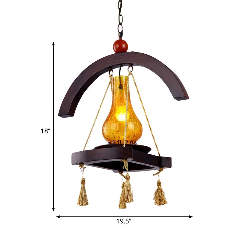 1 tête de chute de chute de gamme Kérosène Kérosène en verre de crackle jaune lampe suspendue avec conception de plateau en bois