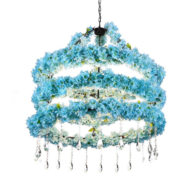 6 Heads Metal Pendant Chandelier Industrial Blue Circle Restaurant LED Flower Down Lighting with Crystal Accent, 31.5"/39" W