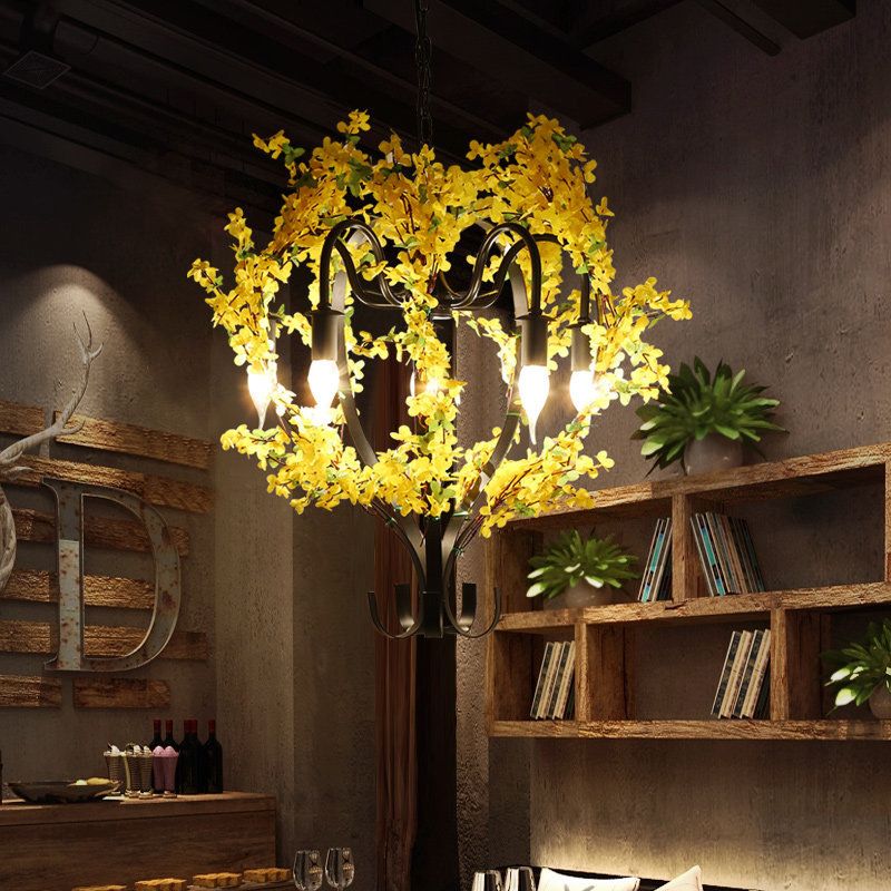 5 Heads Lantern Ceiling Pendant Industrial Yellow Metal Chandelier Light with Flower Decoration
