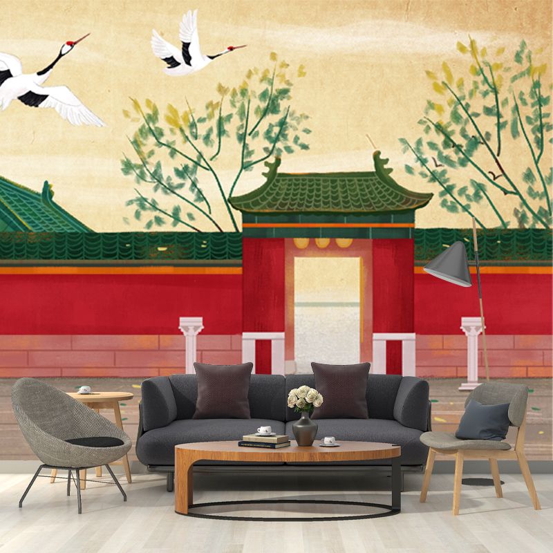 Chinese Ancient Architecture Mural Decal for Home Custom Wall Covering in Red-Beige