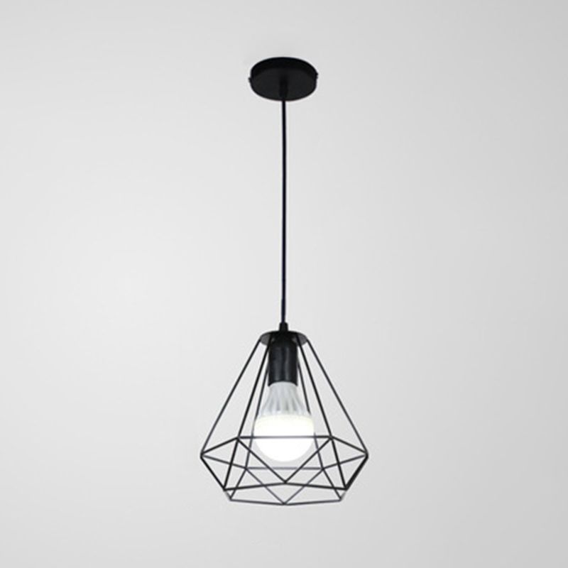 Diamond Shaped Metal Cage Hanging Light Single Bulb Industrial Style Coffee Shop Hallway Pendant Lamp