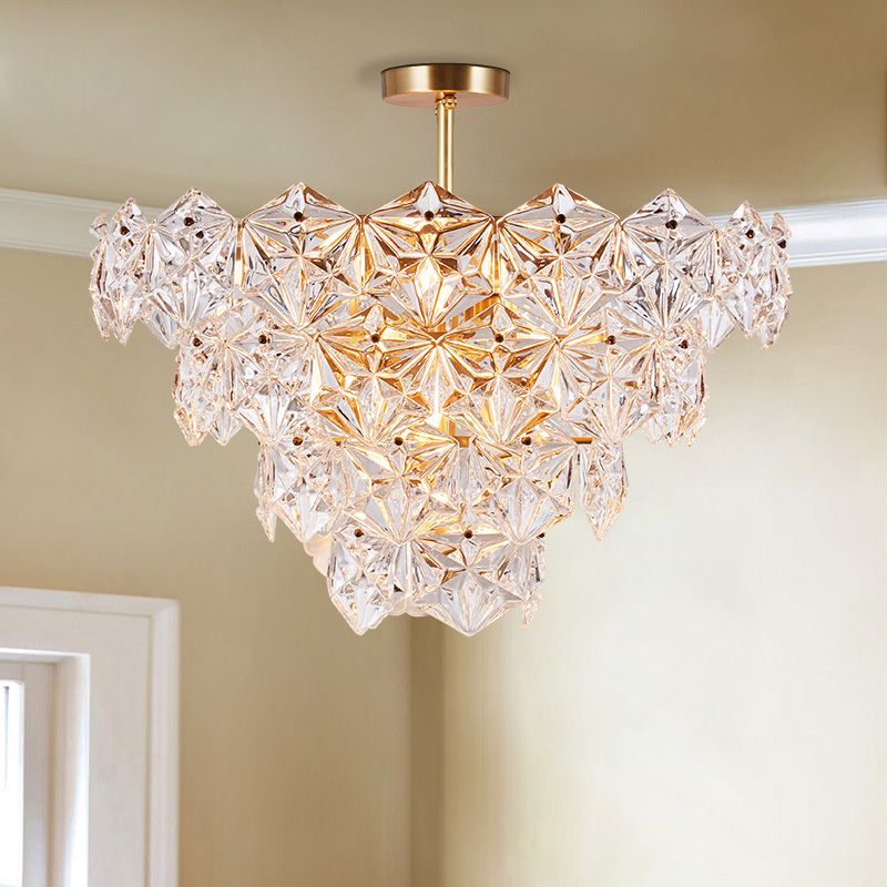 9 Heads Suspension Light Traditional Tapered Hexagon Glass Chandelier Lighting Fixture in Gold