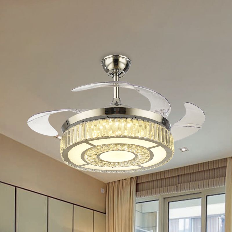 Ronde kristal spoelventilator met 4 bladen Minimalistische woonkamer 42,5 "W LED Semi Flush Light in zilver