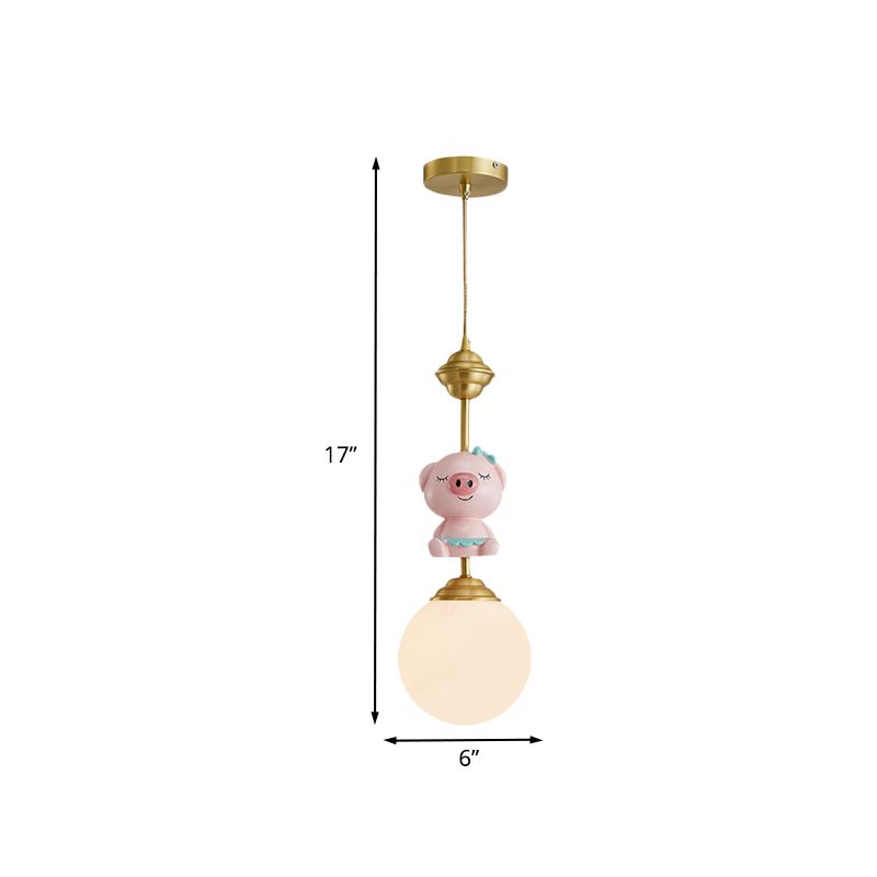 Resin Pig/Chicken/Snake Pendant Cartoon 1 Light Gold Hanging Light Fixture with Spherical Opal Glass Shade