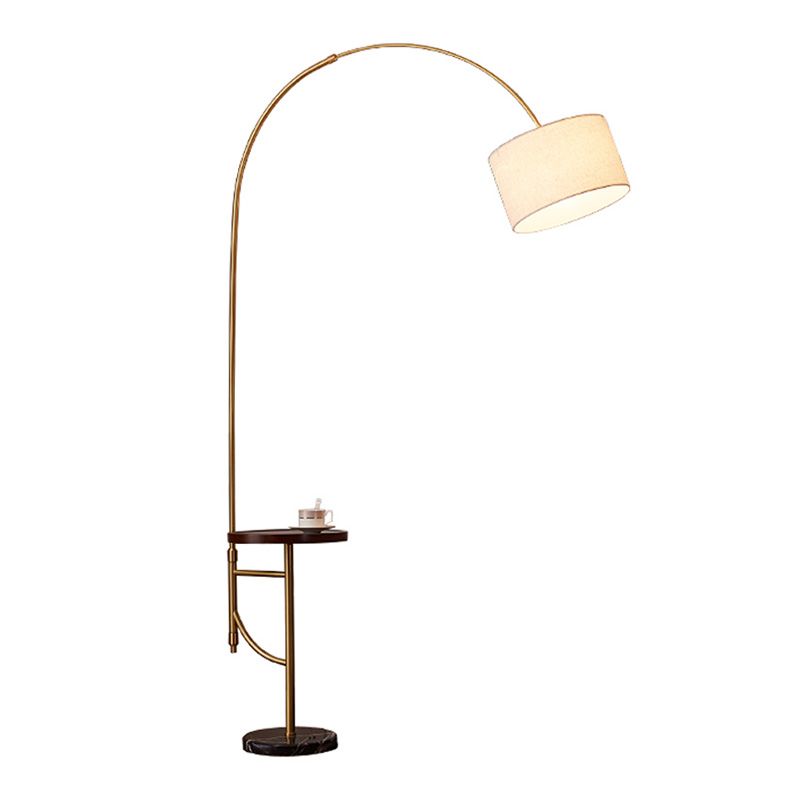 Metallic Arched Floor Lighting Minimalism 1 Head Living Room Standing Floor Lamp with Drum Fabric Shade in Gold