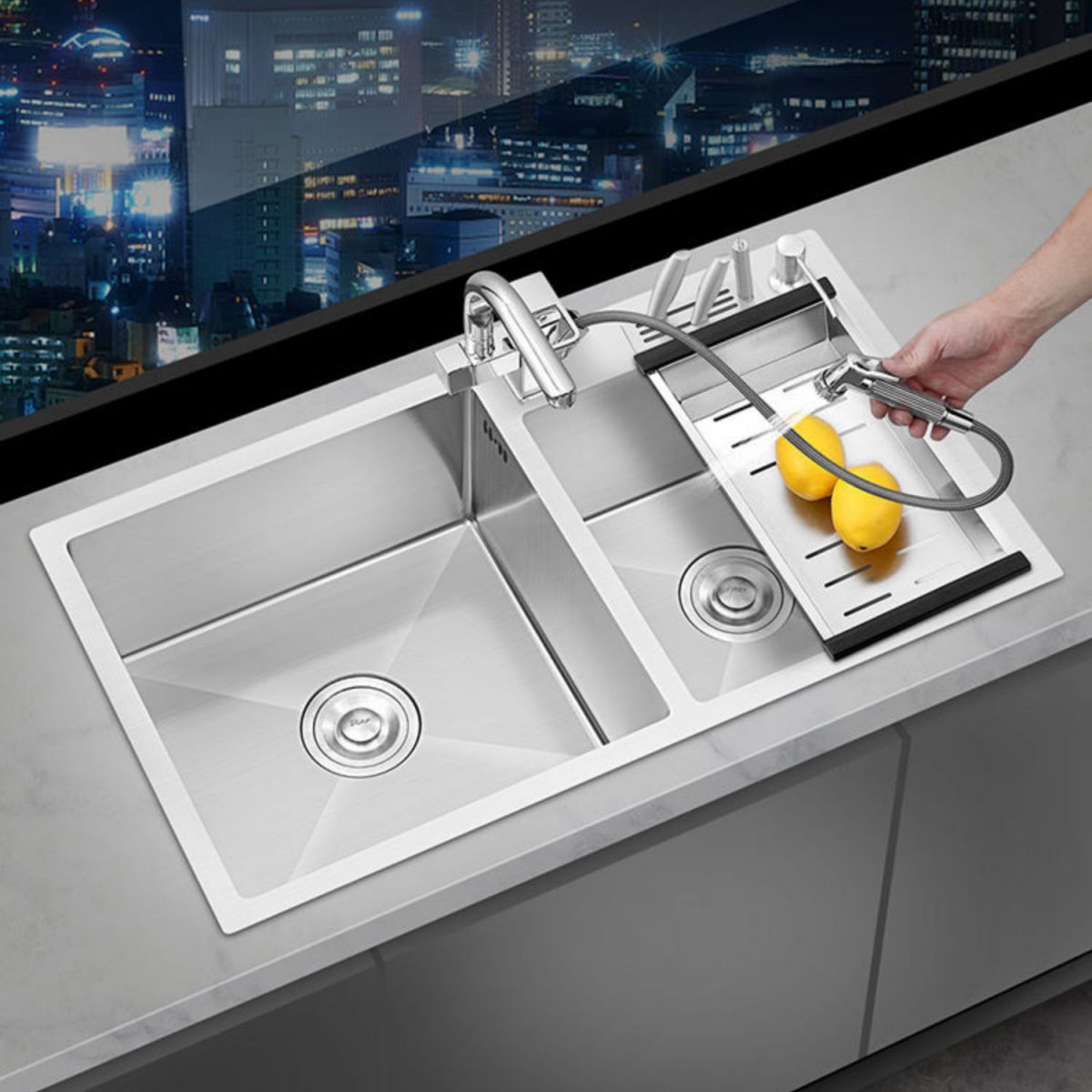 Contemporary Style Kitchen Sink Stainless Steel 2 Holes Kitchen Double Sink