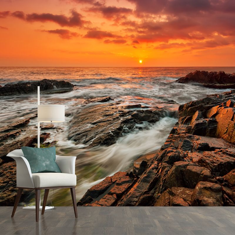 Yellow Eventide Scenery Wall Mural Ocean Rock Tropix Stain Proof Wall Art for Home