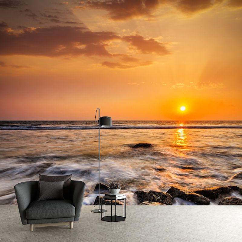 Yellow Evening Sun Wallpaper Mural Seashore View Modern Waterproof Wall Art for Home