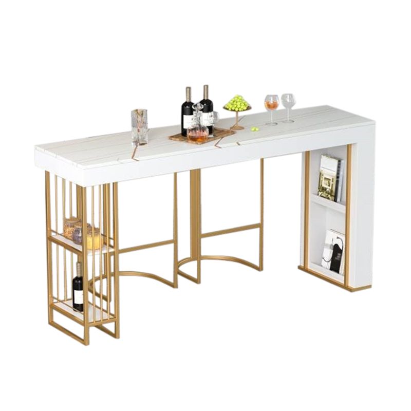 White Stone Bar Dining Table Traditional Luxury Rectangle Bar Table with Sled Base in Gold