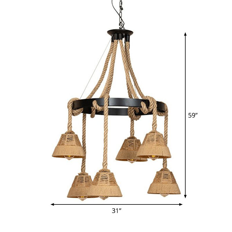 6 Lights Carillon Ceiling Chandelier Cottage Brown Roped Hanging Pendant for Restaurant