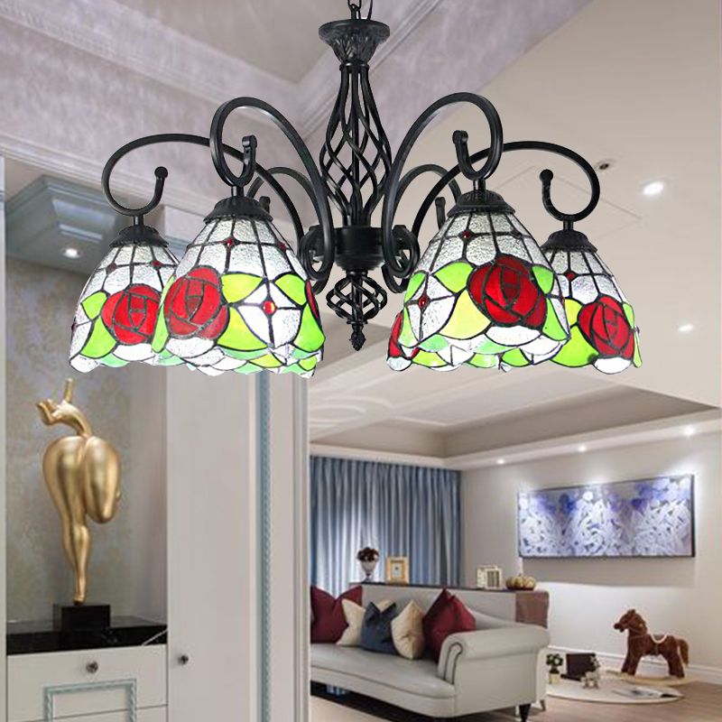 Tiffany Rose Chandelier Light 6 Lights Stained Glass Indoor Pendant Light in Red for Living Room