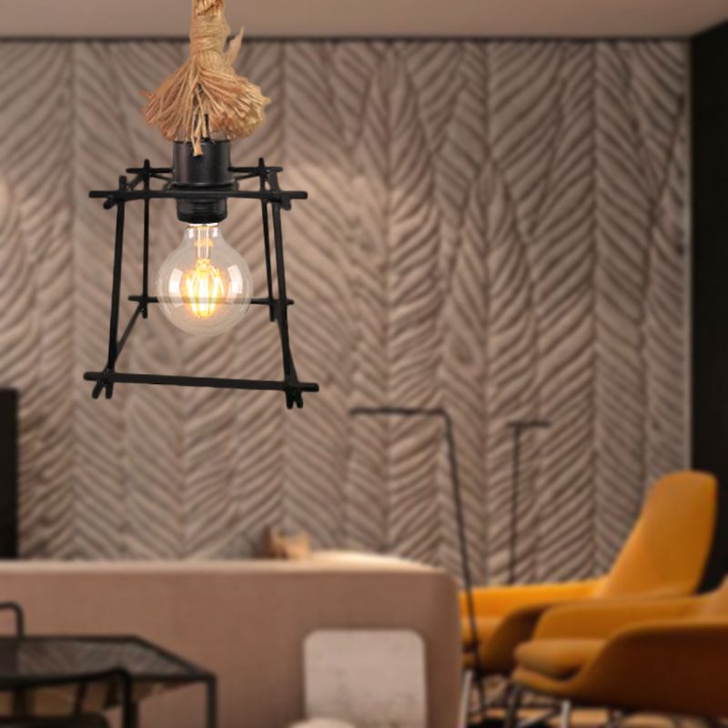 Metal Trapezoid Cage Ceiling Light Retro Style 1 Bulb Black Pendant Lamp with Adjustable Rope for Living Room