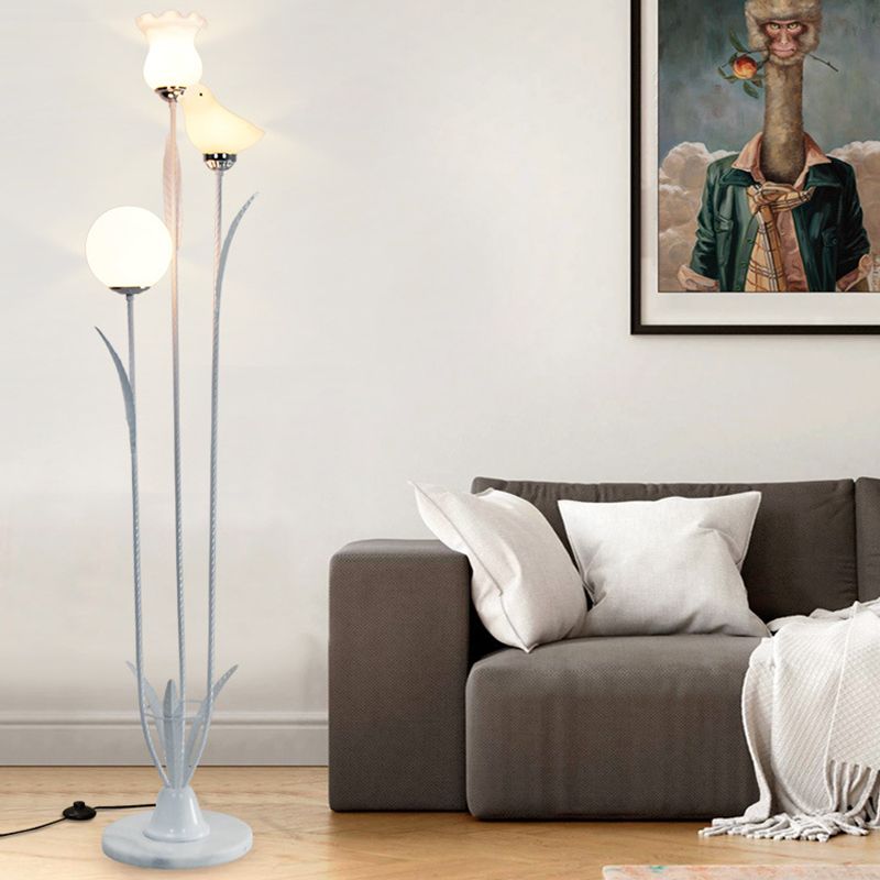 3-Bulb Living Room Tree Floor Light Contemporary Black/White Stand Up Lamp with Orb-Flower-Bird Shape Cream Glass Shade