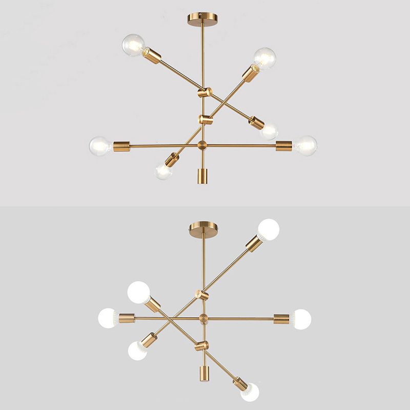 Geometric Lines Nordic Style Chandelier with Angle Adjustable Arm 6-lights Open Bulb Lighting Fixture in Bedroom Dining Room