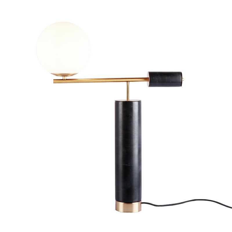 Cylinder Living Room Table Light Marble Single Post-Modern Nightstand Lamp with Globe Cream Glass Shade in Black