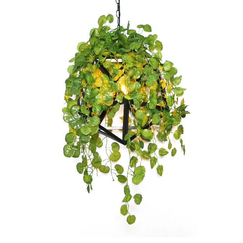 Metal Black Suspension Pendant Light Geometric Frame 1 Light Warehouse Hanging Lamp with Plant Decor