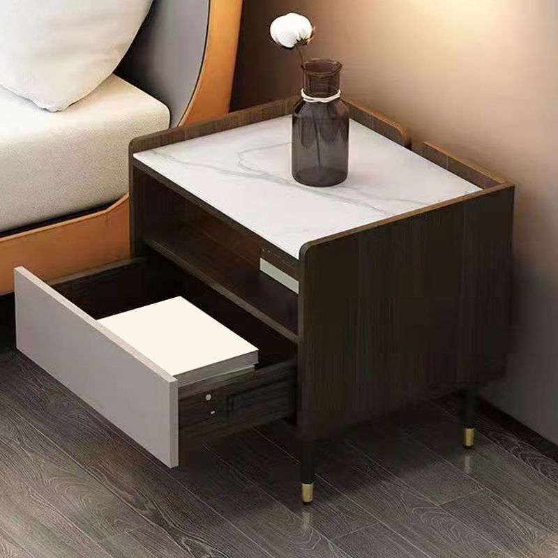 Modern Stone Top Nightstand Open Storage 18 Inch H 1-Drawer Night Table with Legs