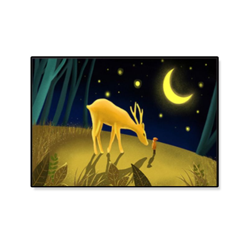 Soft Color Kids Wall Art Illustration Deer in the Late Night Forest Canvas Print for Bedroom