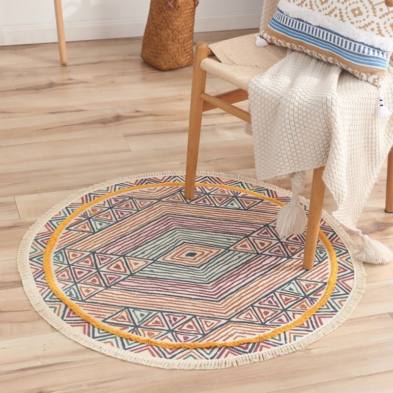 Creative Graphic Design Rug Aesthetic Round Carpet with Fringe Cotton Blend Rug for Home Decor